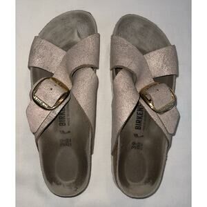 Birkenstock Sienna Big Buckle Sandals Womens 39 8 Washed Metallic Rose Gold